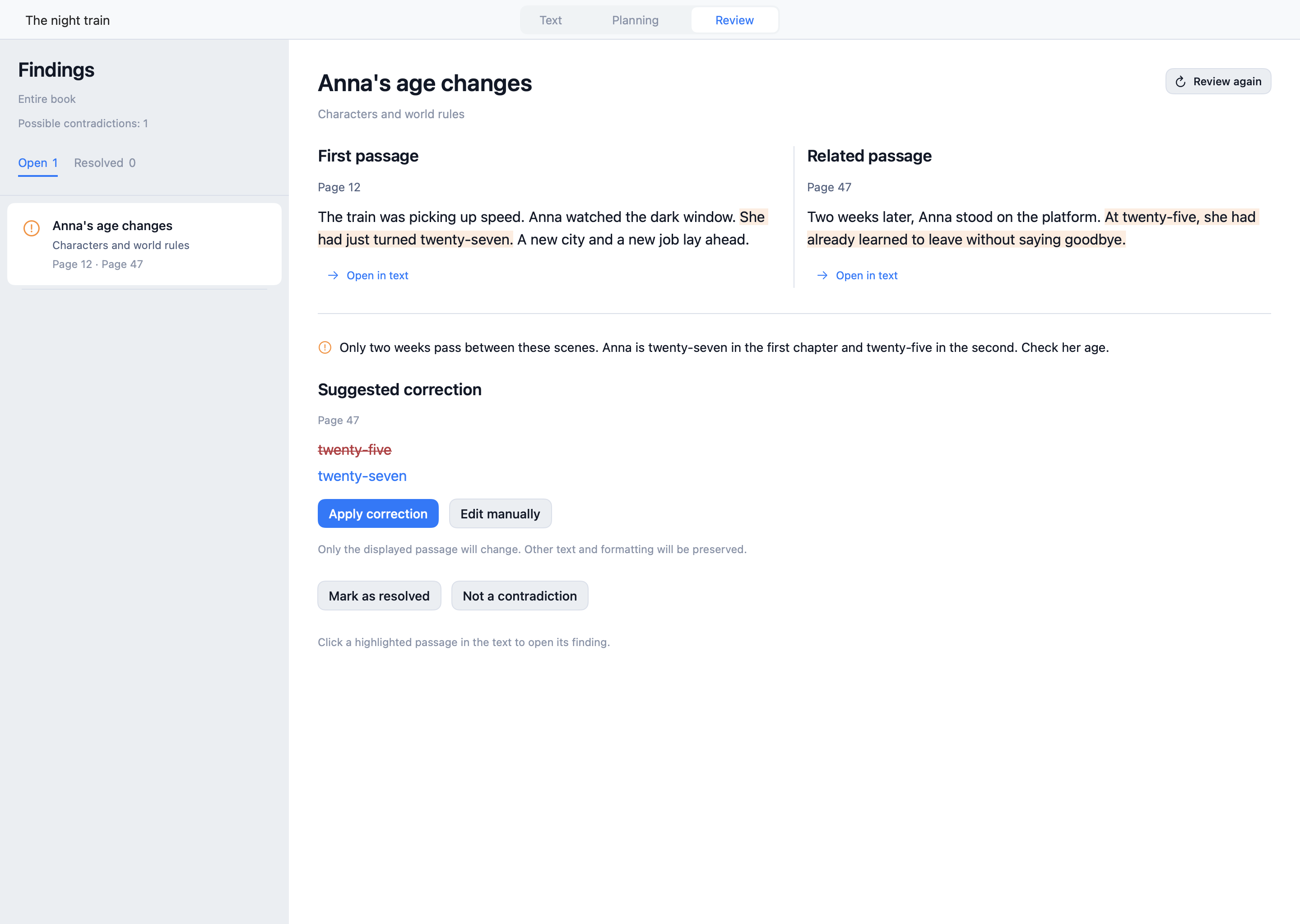 Manuscript checks: notes with quotes and links to the relevant passages