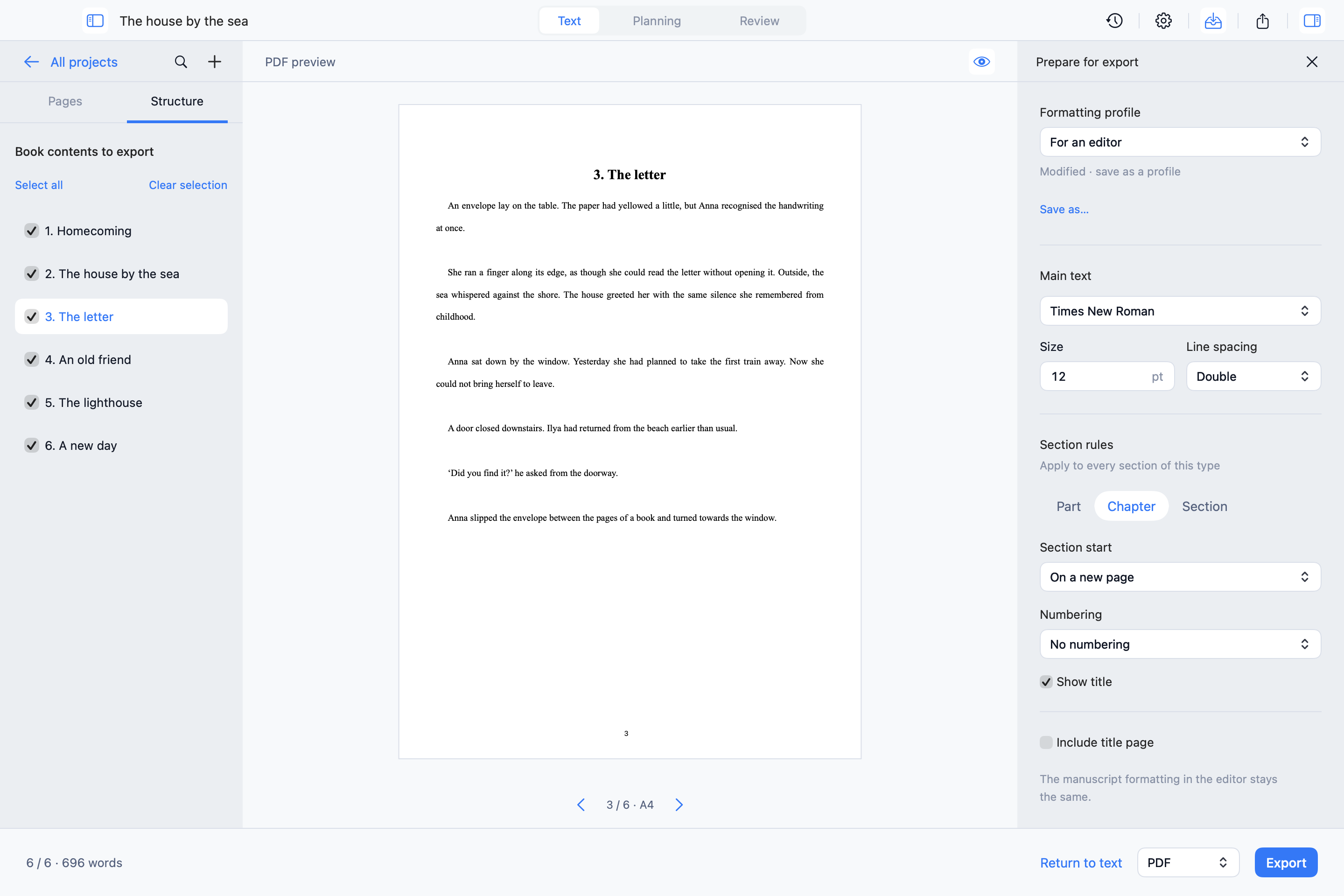 Book export: chapters, document preview and formatting settings