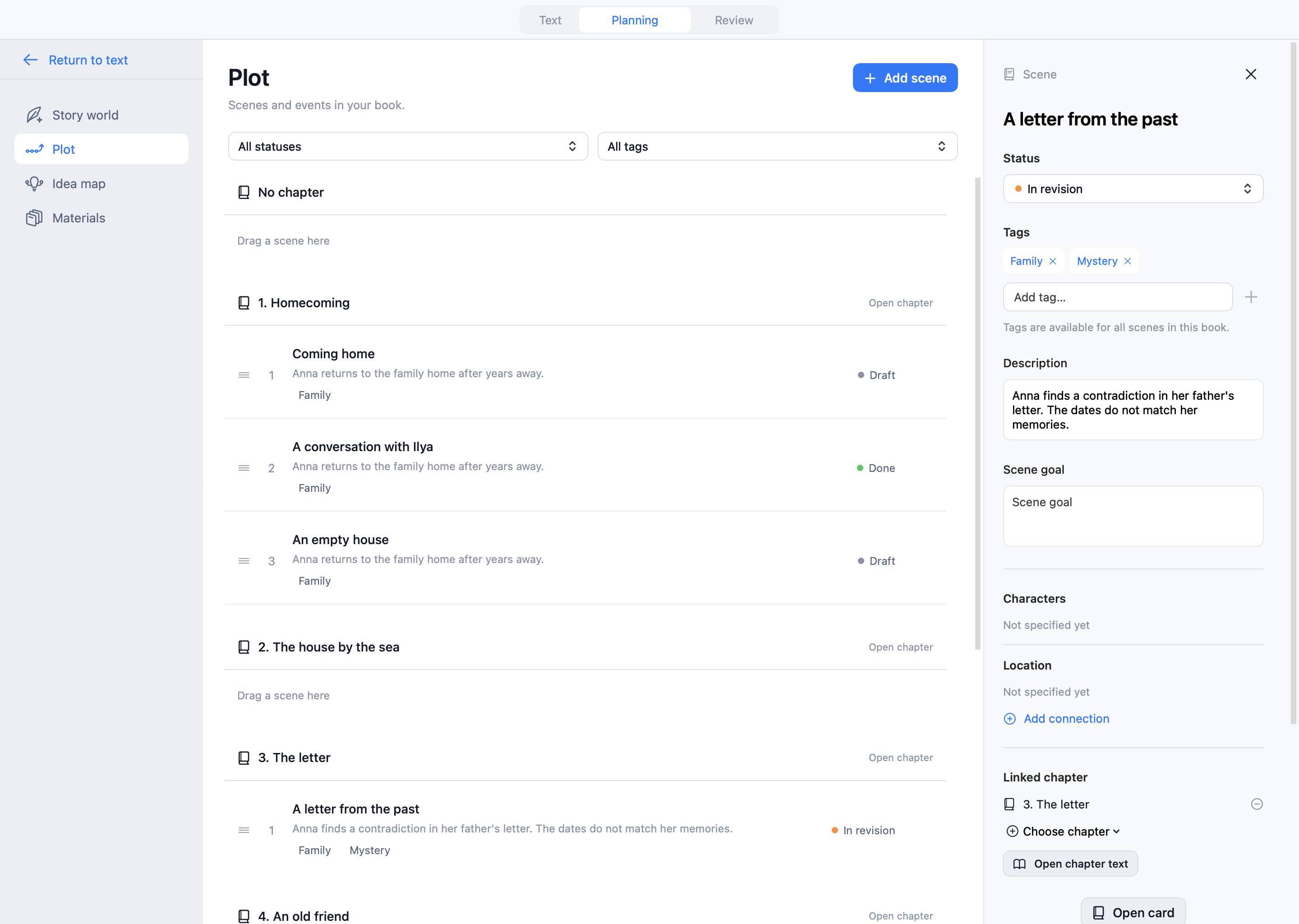 Book planning: scenes, statuses, tags and scene properties